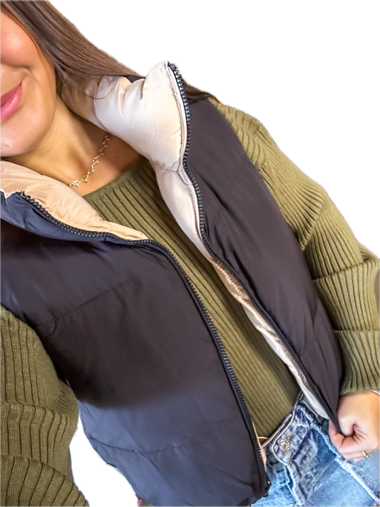 Bea Reversible Black/Cream Puffer Vest
