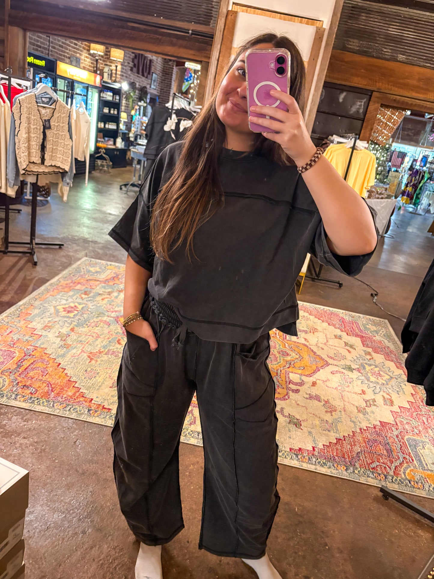 Joy Mineral Washed Barrel Pants Set (Black)