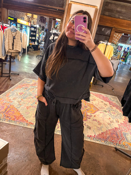 Joy Mineral Washed Barrel Pants Set (Black)