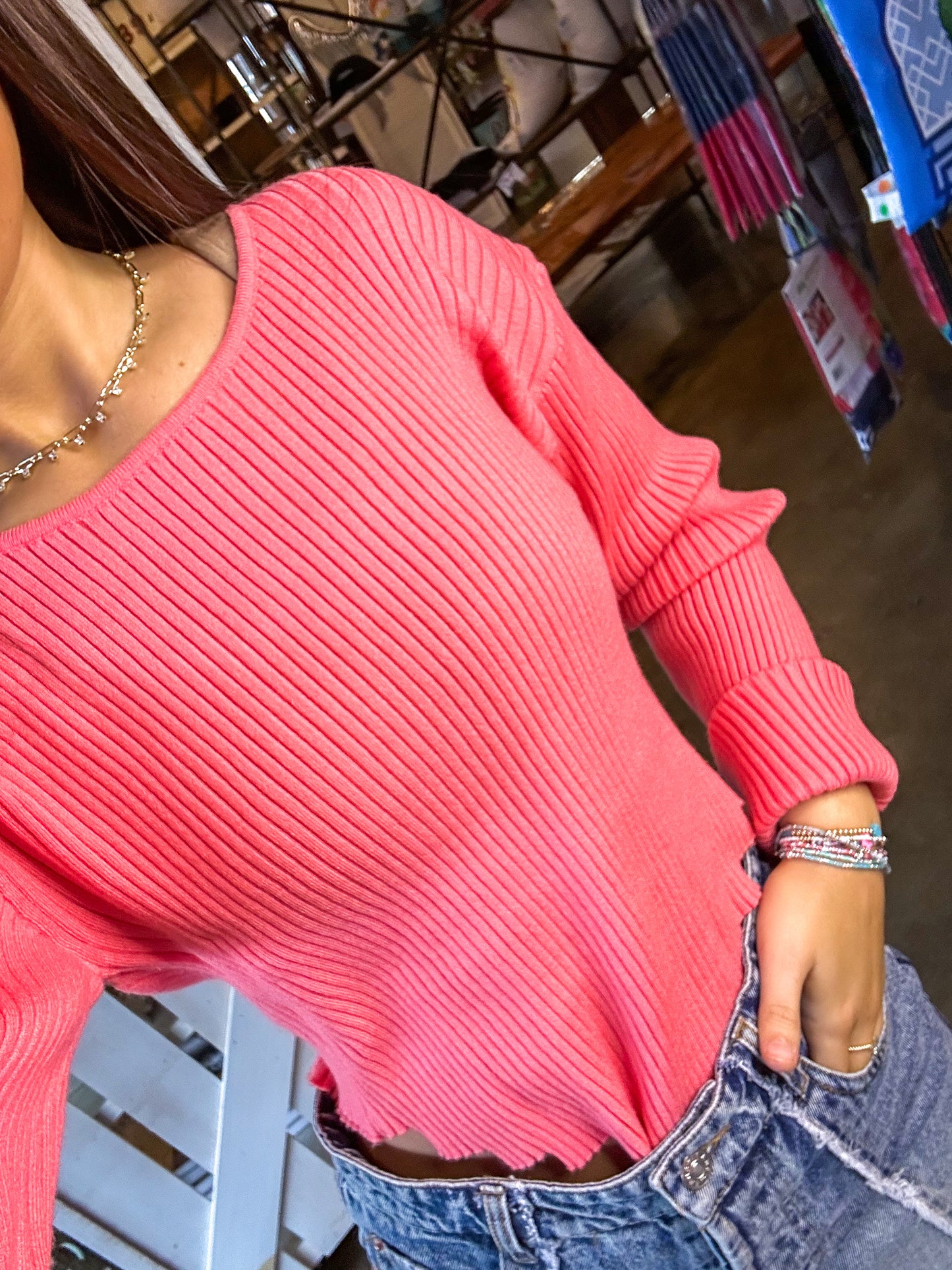 Ella Crop Sweater Top With Shaped Hem (Coral)