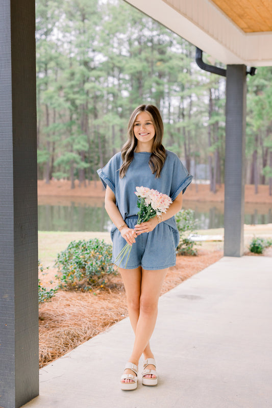 Washed Denim Loose Fit Top and Bottom Set