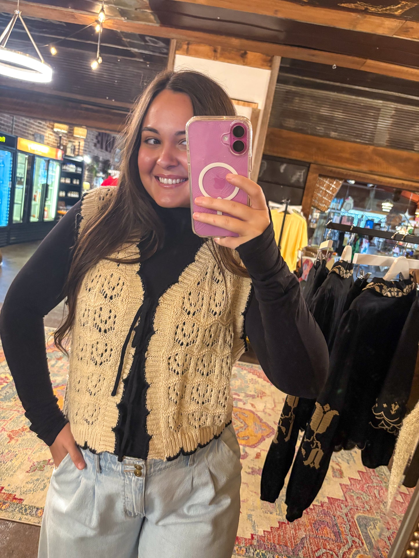 Crochet Knit Sweater Vest (Natural/Black)