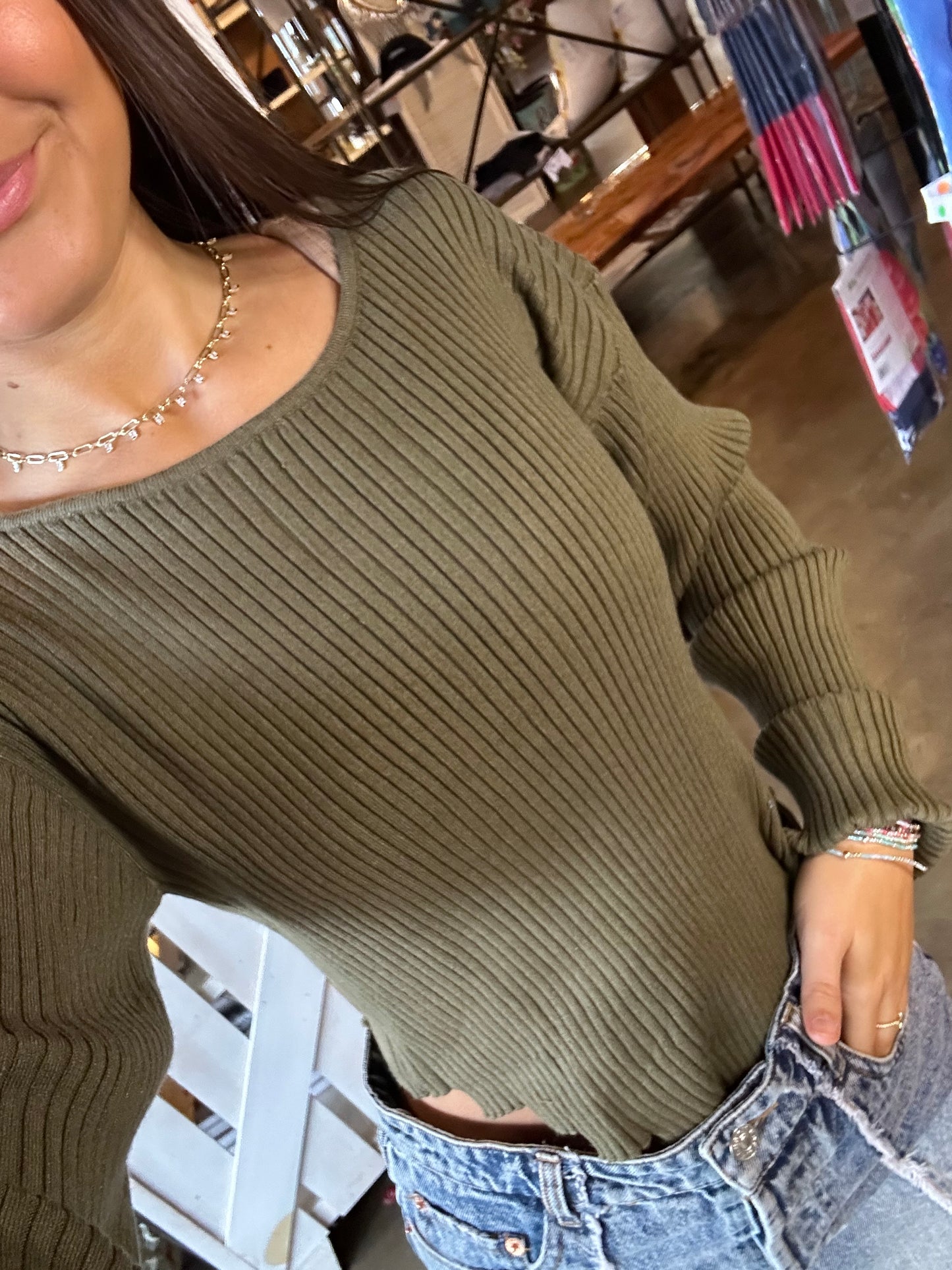 Ella Crop Sweater Top With Shaped Hem (Olive)