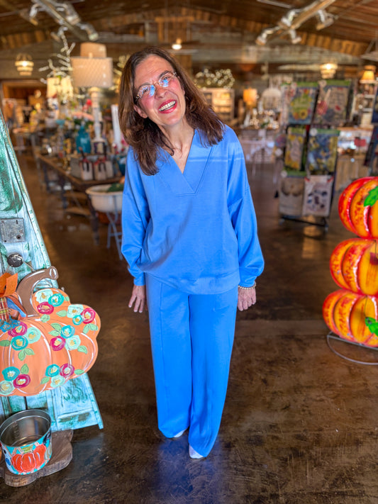 Kadin Scuba Collared Pullover and Pants Set (Blue)