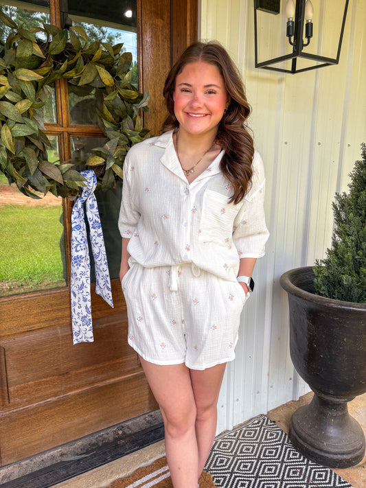 Ella Linen Top and Shorts Set (White)