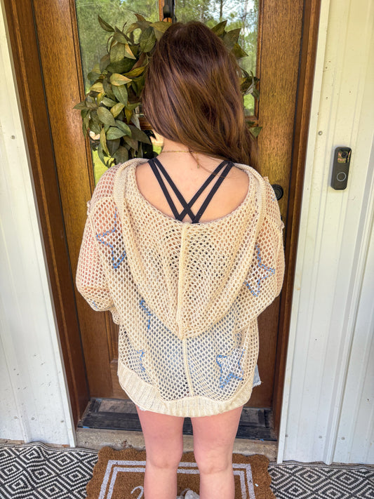 Star Crochet Knitted Pullover with Hoodie (Cream)