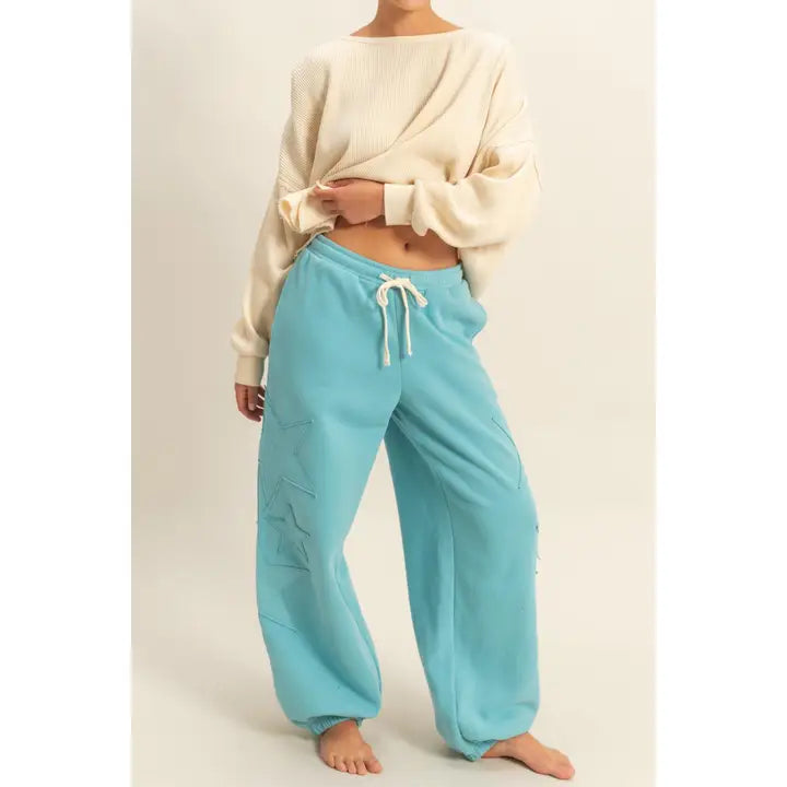 Star Patch Casual Drawstring Jogger Pants (Sky Blue)