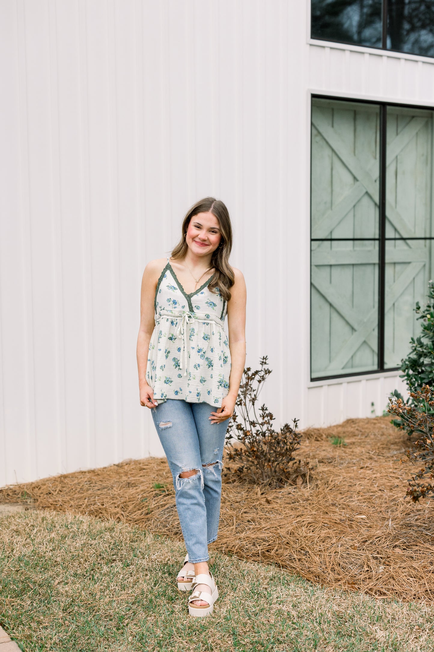 Green Floral V-Neck Top