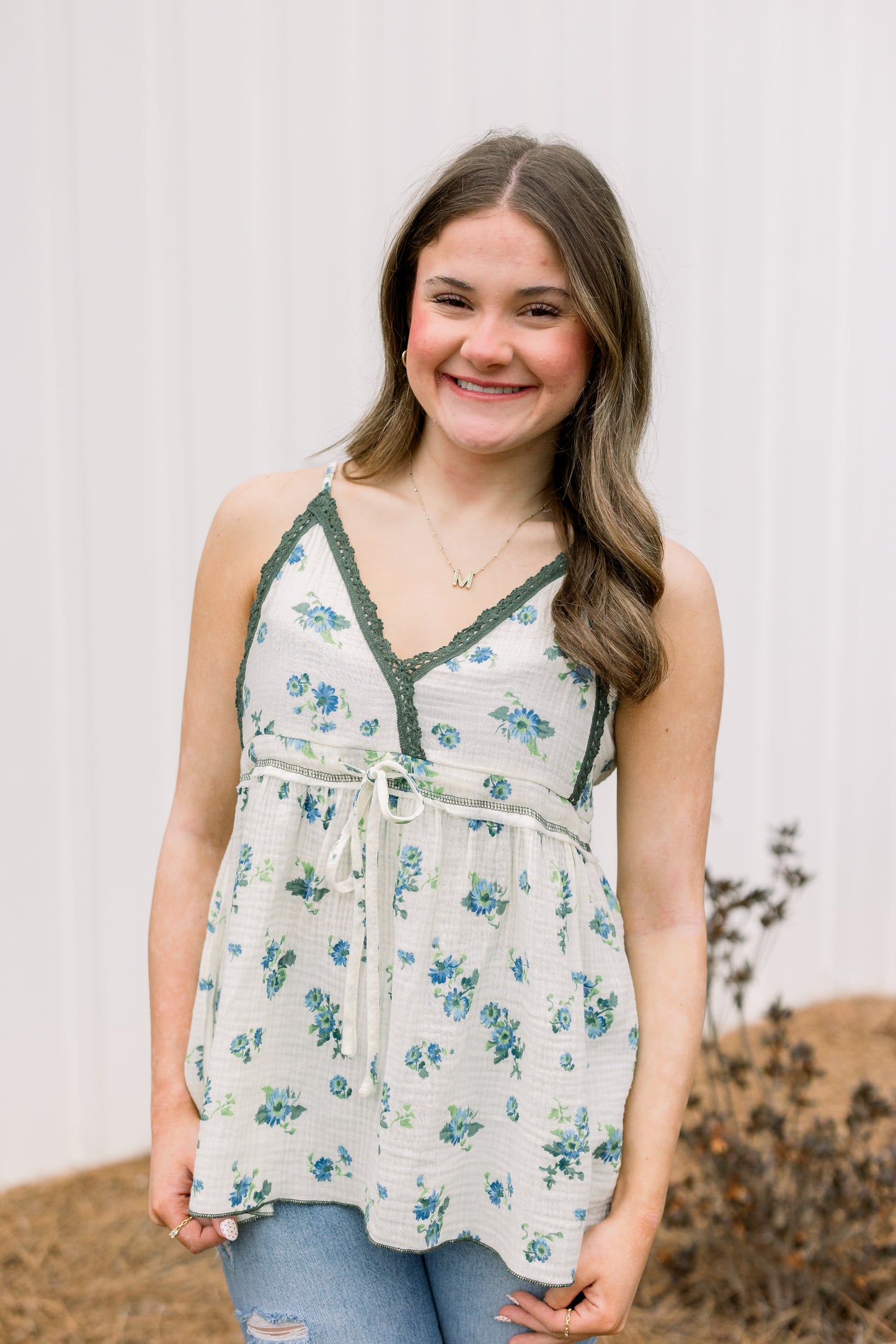 Green Floral V-Neck Top