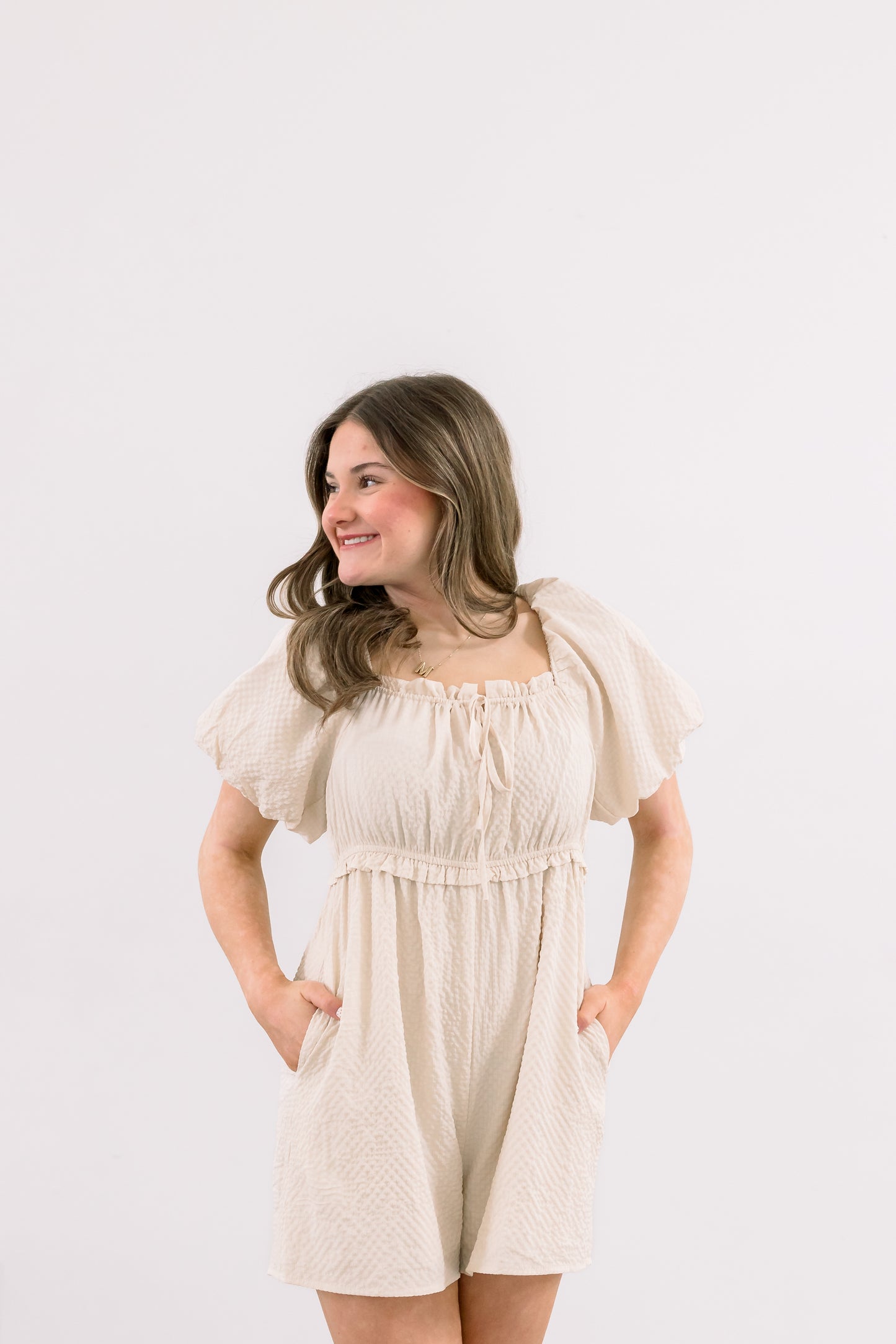 Puff Sleeve Babydoll Romper (Ivory)
