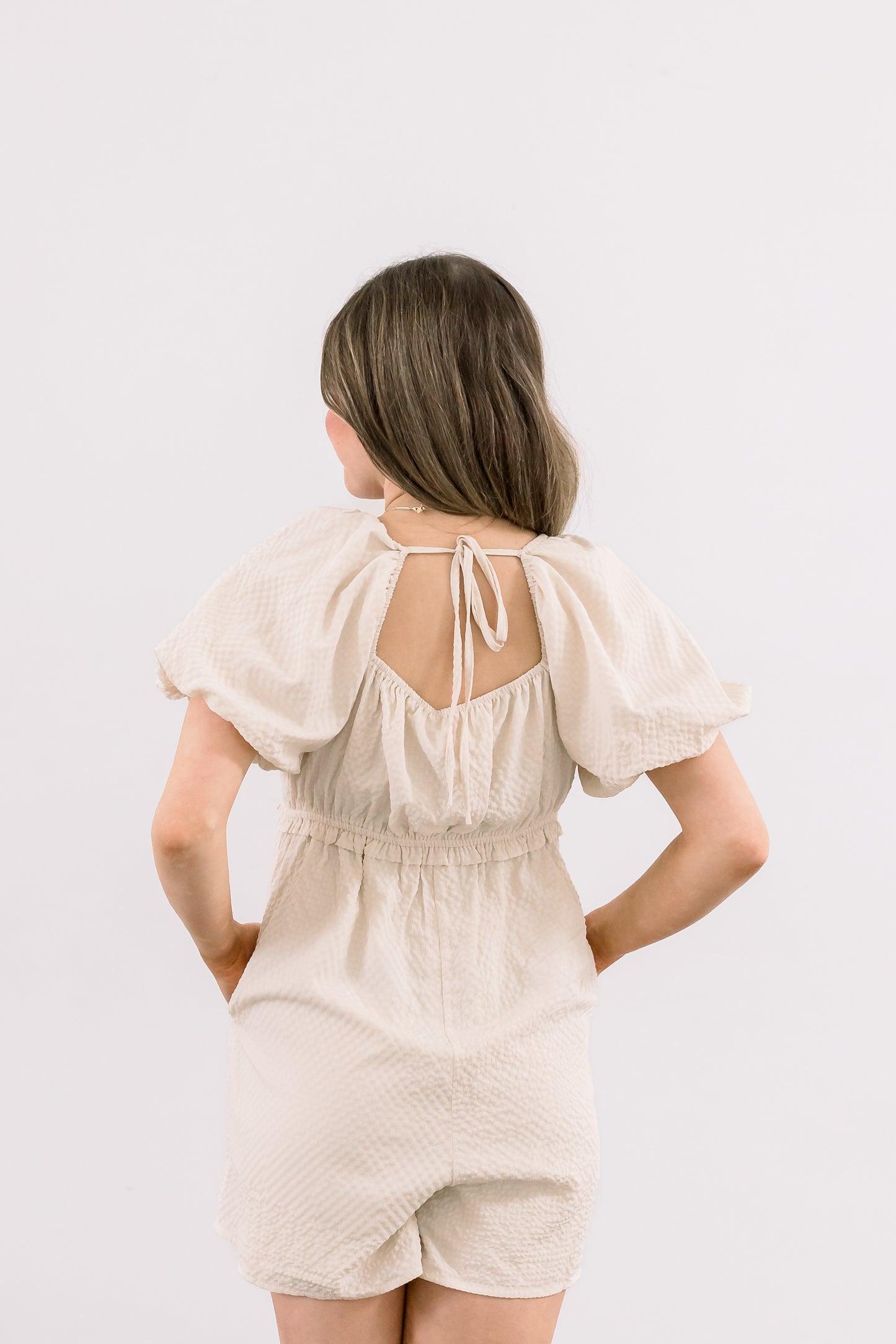 Puff Sleeve Babydoll Romper (Ivory)