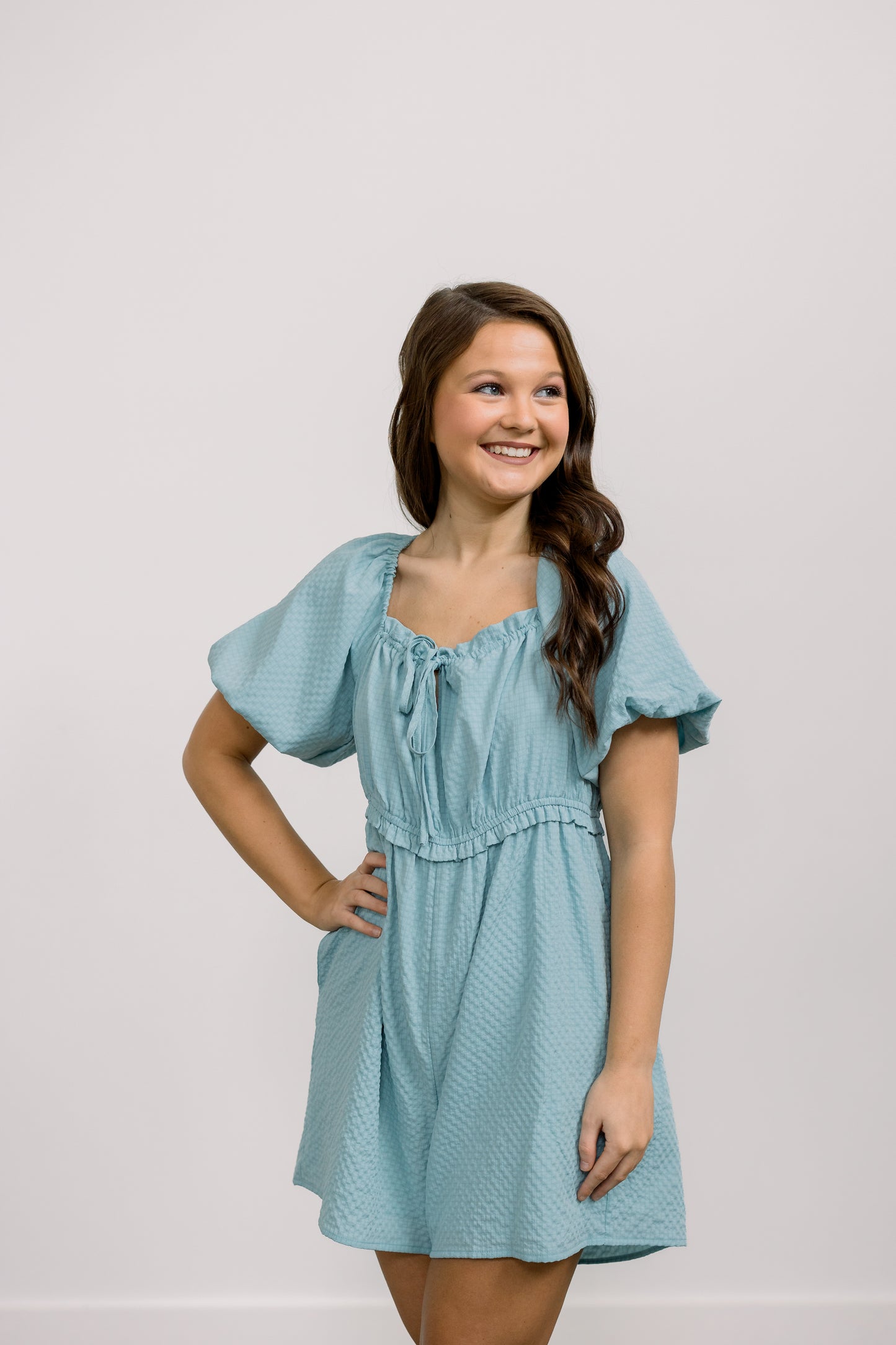 Puff Sleeve Babydoll Romper (Seafoam)