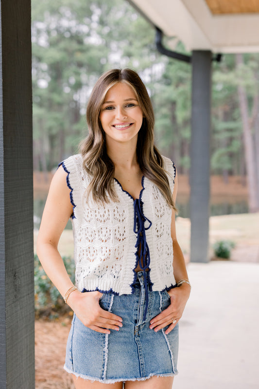 Crochet Knit Sweater Vest (Off White/Navy)
