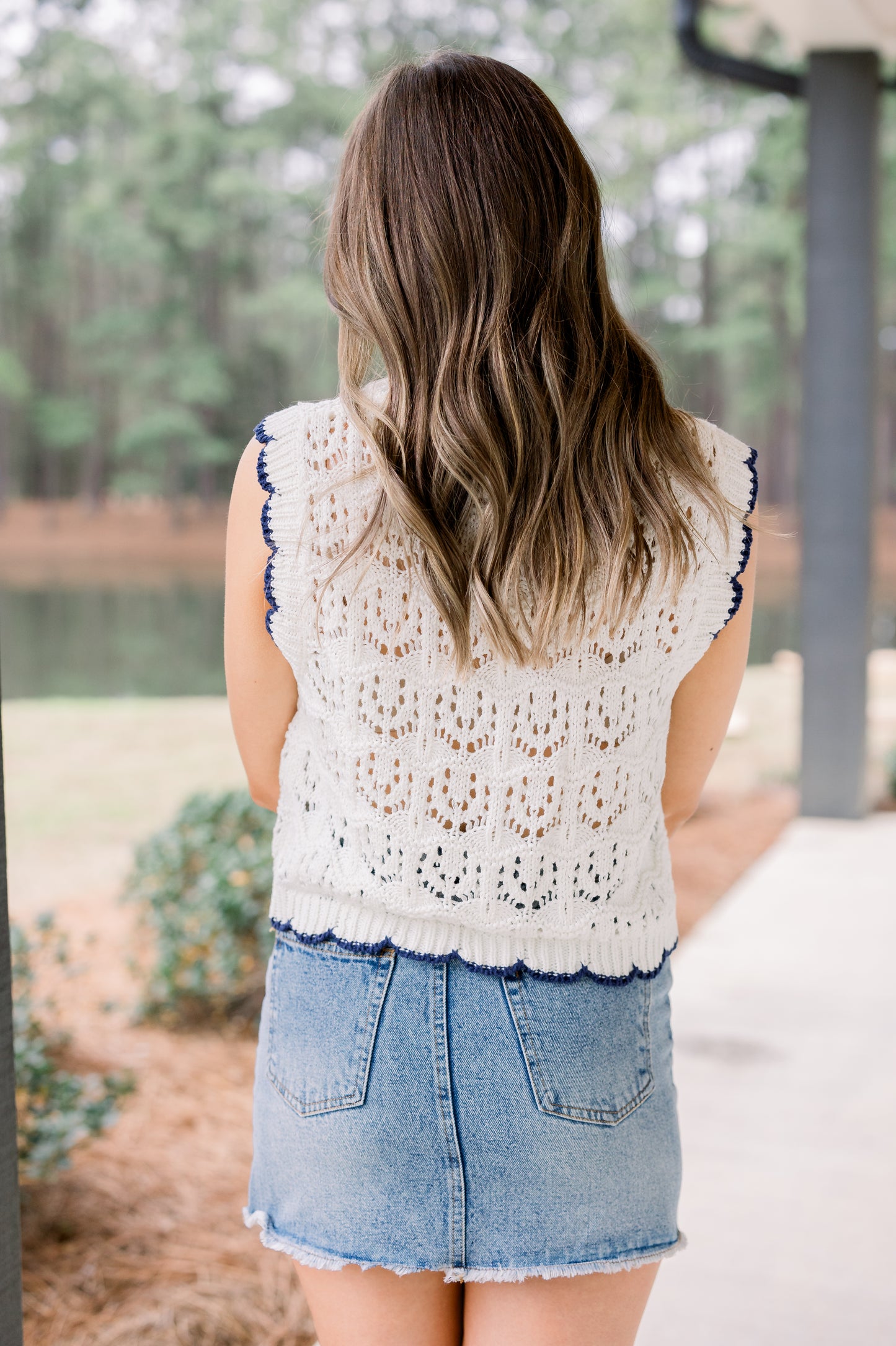 Crochet Knit Sweater Vest (Off White/Navy)