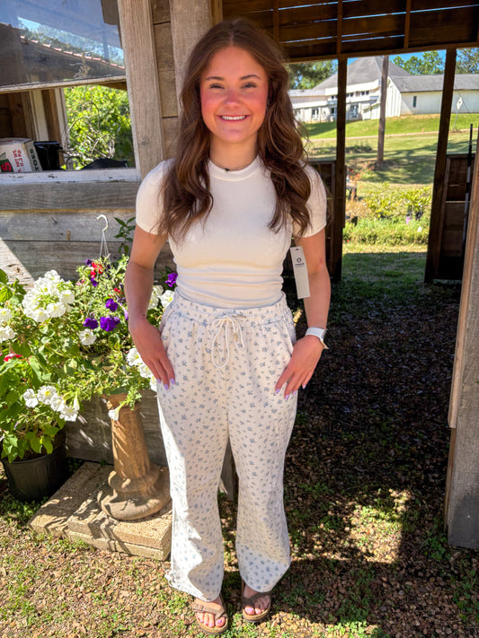 Super-High Waisted Blue and White Floral Jeans