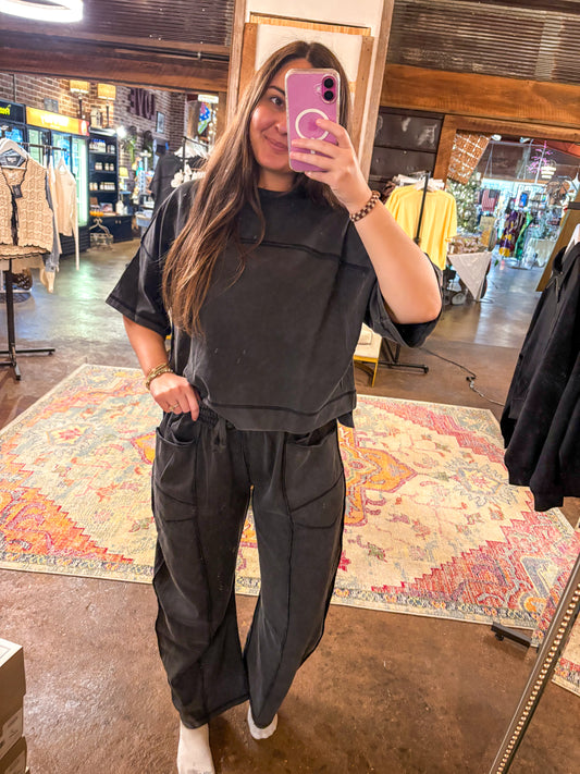 Joy Mineral Washed Barrel Pants Set (Black)