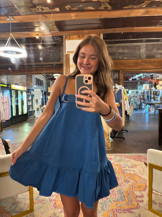 Maddie Drop Waist Denim Mini Dress (Blue)