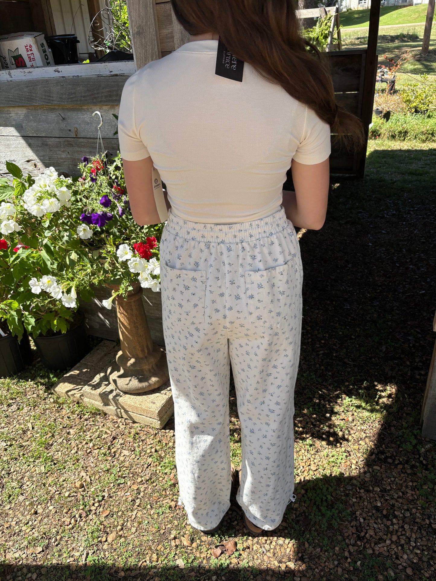 Super-High Waisted Blue and White Floral Jeans