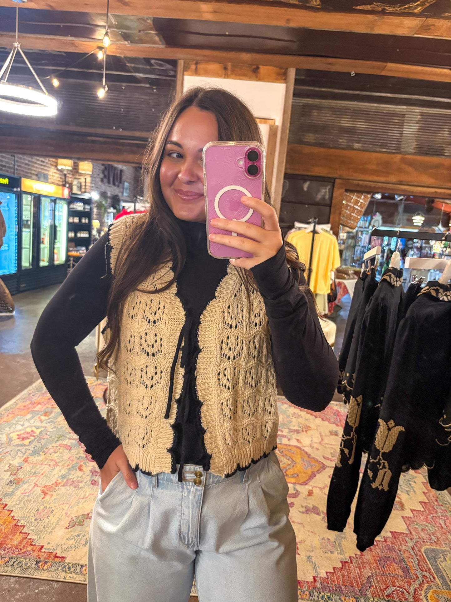 Crochet Knit Sweater Vest (Natural/Black)