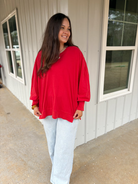 Ella Oversized Long Sleeve Top (Red)