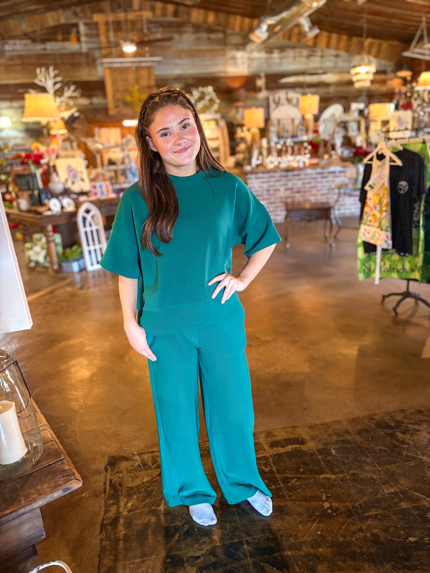 Marcie Ribbed Pants and Top Set (Hunter Green)