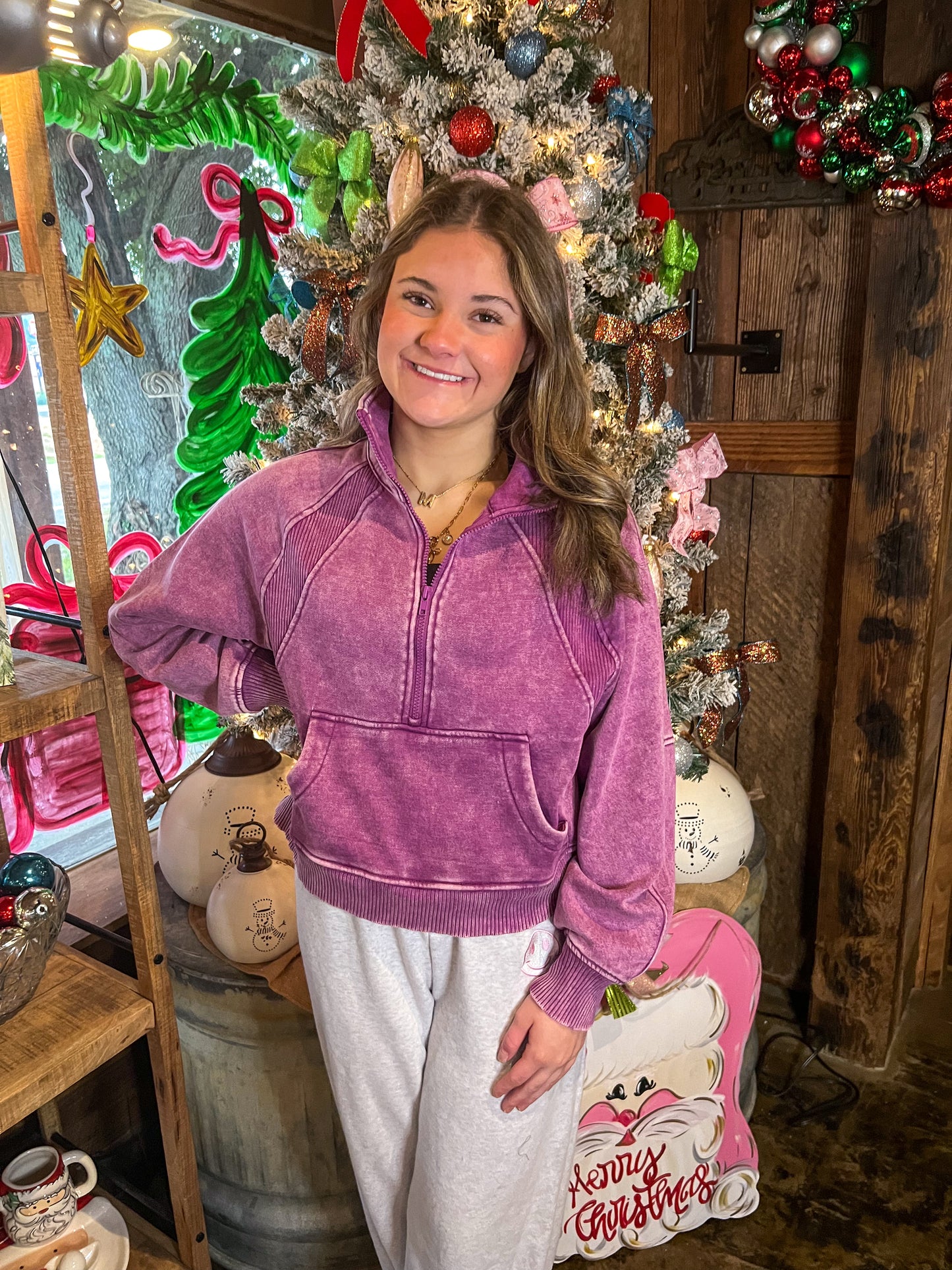 Acid Wash Half-Zip Fleece Pullover (Lt Plum)