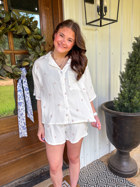 Ella Linen Top and Shorts Set (White)