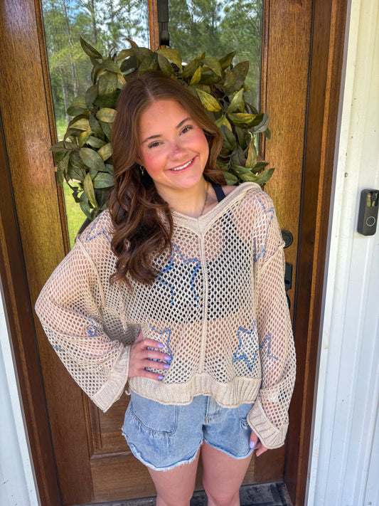Star Crochet Knitted Pullover with Hoodie (Cream)